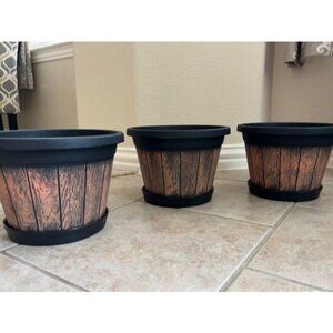 Plant Pots Set of 3 Pack 9 inch, Whiskey Barrel Planters with Drainage Holes